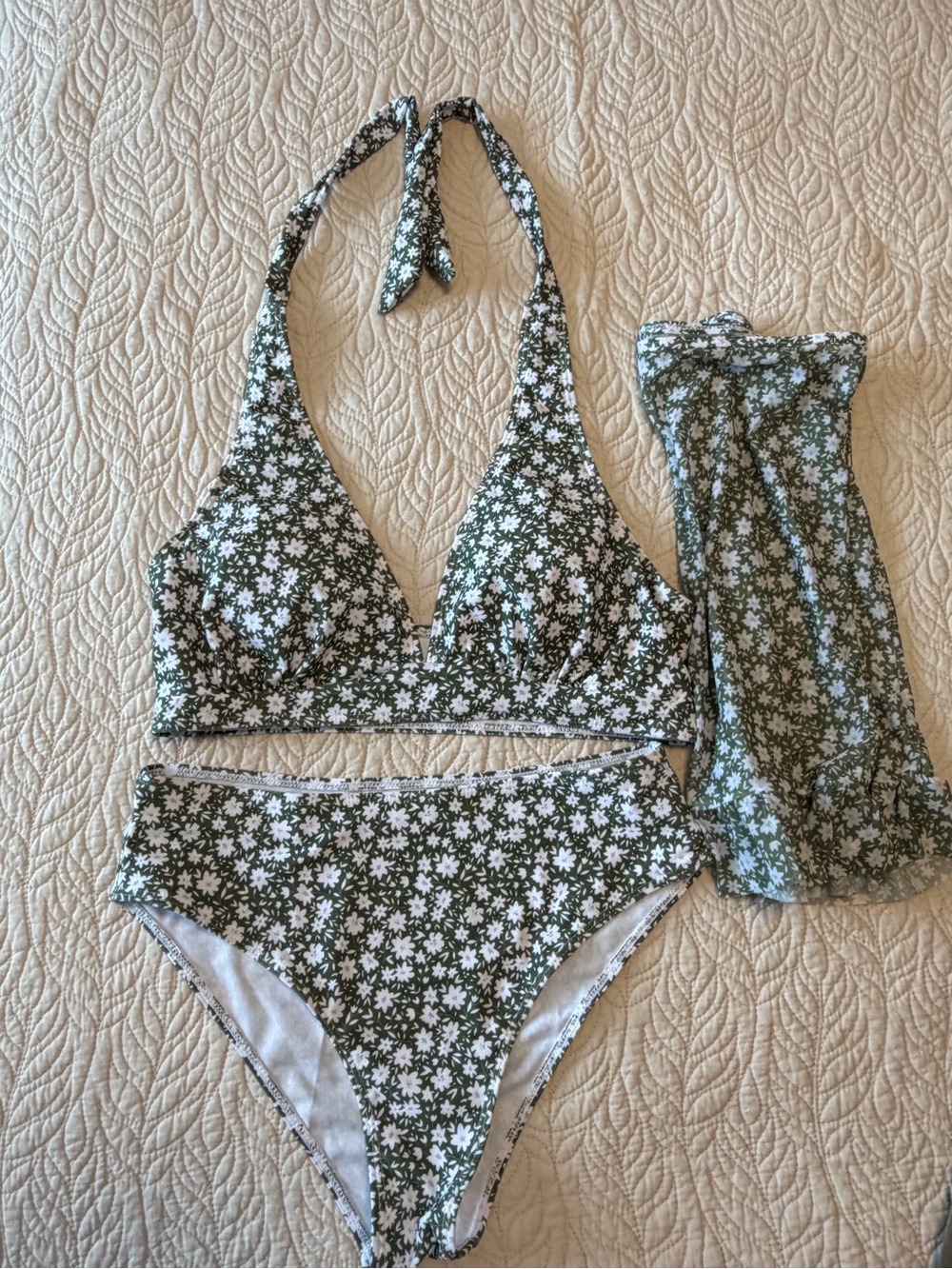 SHEIN Green and White Floral Halter Bikini with Matching Cover-Up